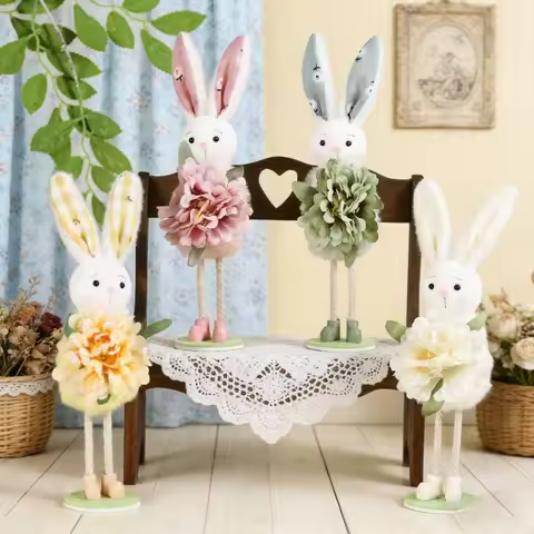 Funny Standing Easter Bunny Ornament Cute Colorful Handmade Flower Rabbit Figurine Cartoon Style Home Decor Holiday Accent