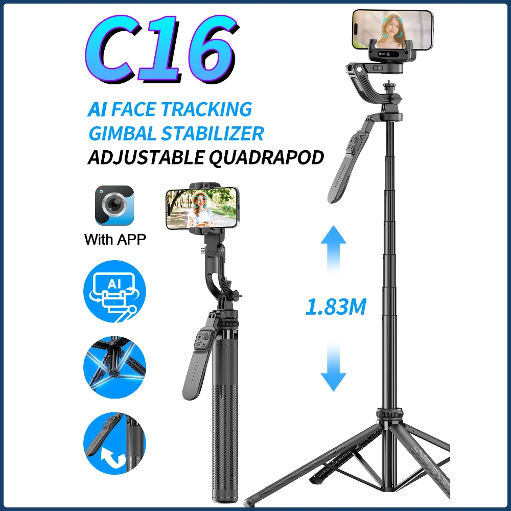 C16 Handheld Gimbal Stabilizer 360° Rotation Selfie Stick Tripod for Phone AI Tracking Quadruped for Smartphone Action Camera
