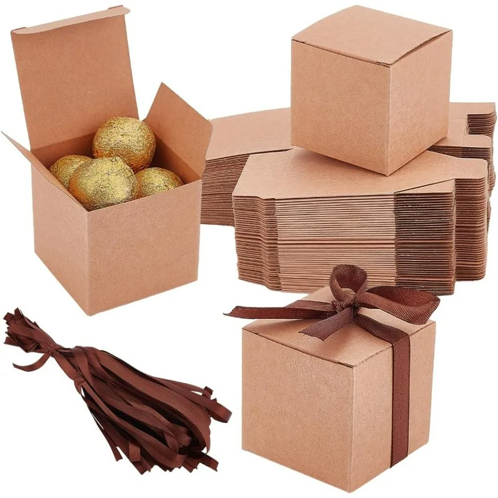 74 Packs Kraft Gift Candy Box with Brown Ribbon 2x2x2 Inches Small Gift Boxes for Wedding Decorations Birthday Party Supplies