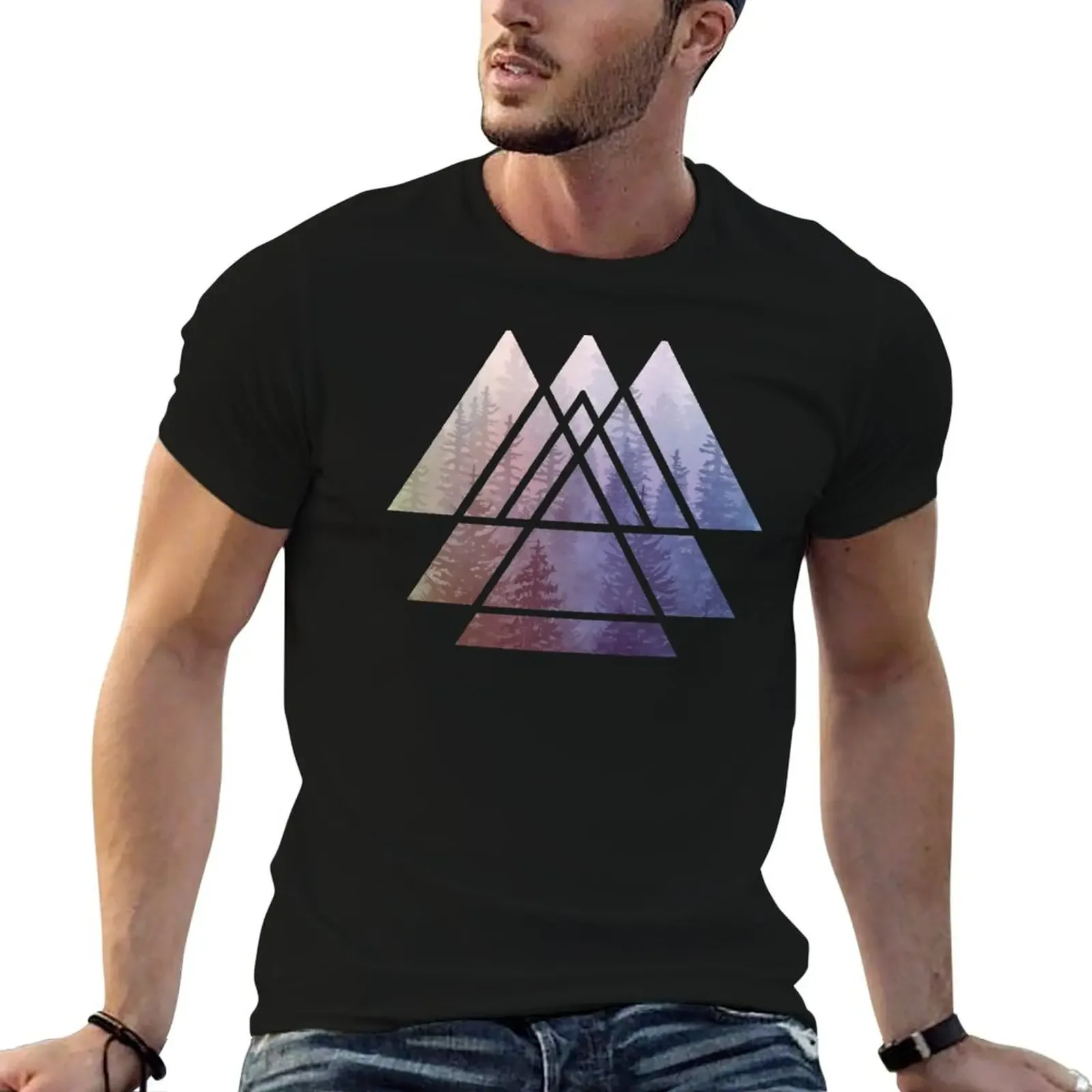 Sacred Geometry Triangles - Rainbow Misty Forest T-Shirt plus size tops summer clothes mens white t shirts