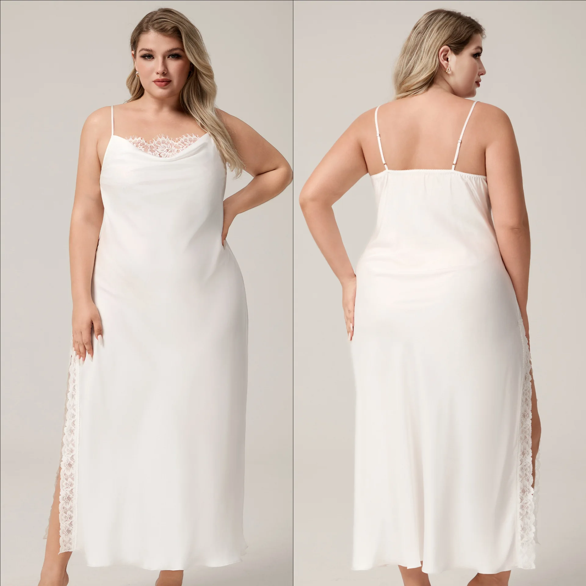 

New plus size ladies satin chiffon suspenders lace nightdress sexy and comfortable nightdress long nightdress queen-size woman