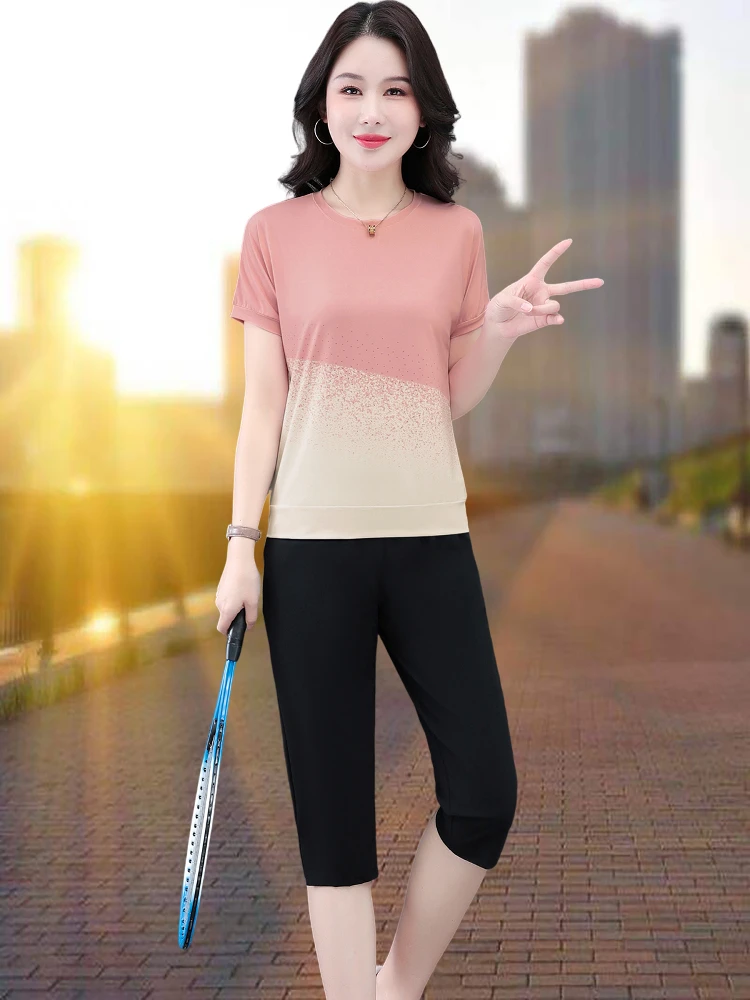 Qui Dry Sportswear Set for Women Summer Thin Sle Agel Mom Fit Seven-Foot Pants Casual Sportswear ort Sve round Ne