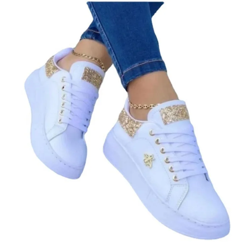 Women Casual Shoes Fashion Butterfly Decor Leather Lace-Up Round Head Sneakers Platform Ladies Vulcanized Shoes Female Footwear