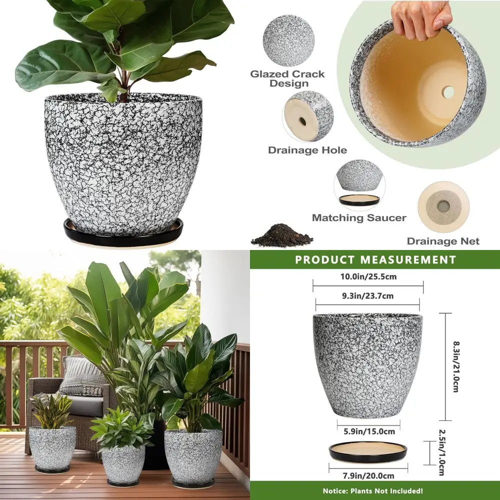 

10 Inch Round Plant Pot - Large Indoor Outdoor Planter with Drainage and Tray, Home Office Garden Decor, Ideal Gift for All, Whi