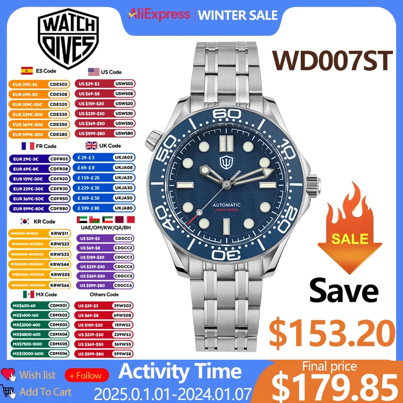 Watchdives WD007 39mm Dive Watch Stainless Steel NTTD NH35 Automatic Movement Sapphire Luminous Men Watches Waterproof 200M