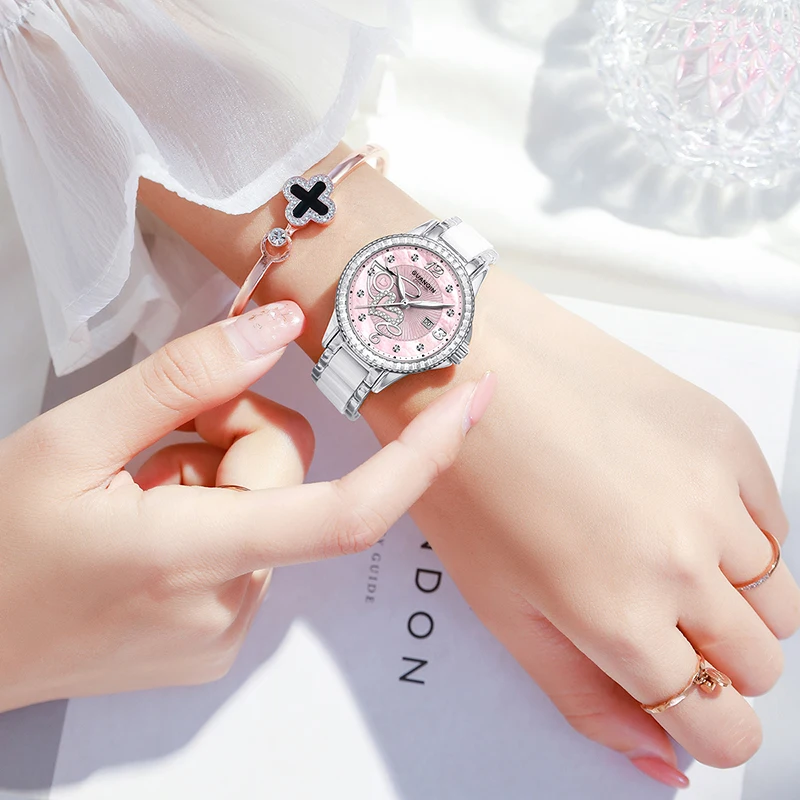 GUANQIN Luxury Women's Quartz Watch Mother-of-Pearl Dial LOVE Element Luminous Hands Leisure 30M Waterproof Watch for Lady Gifts