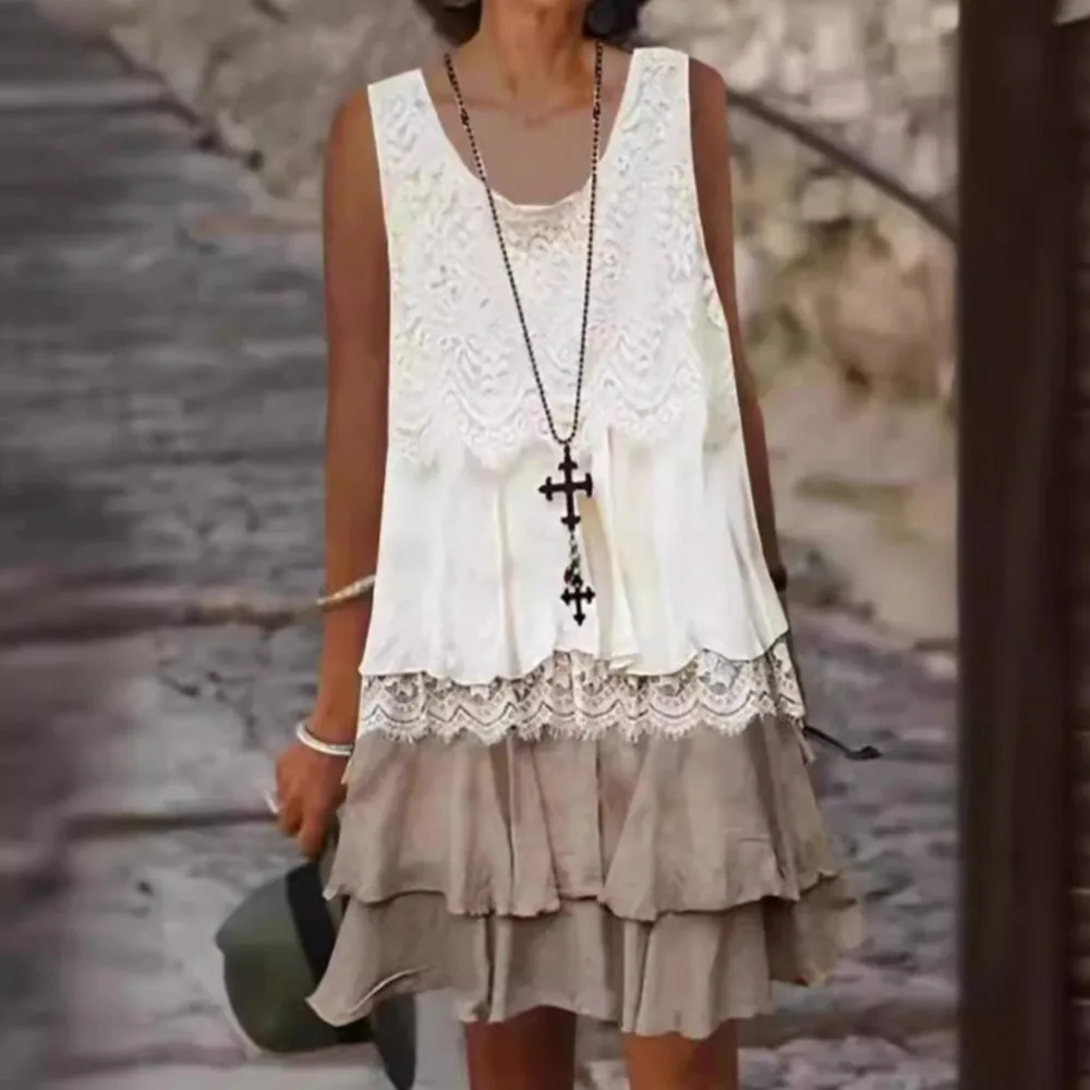 2025 nova moda feminina casual mini vestido de renda emenda dupla camada sem mangas sexy confortável colete vestidos férias de verão