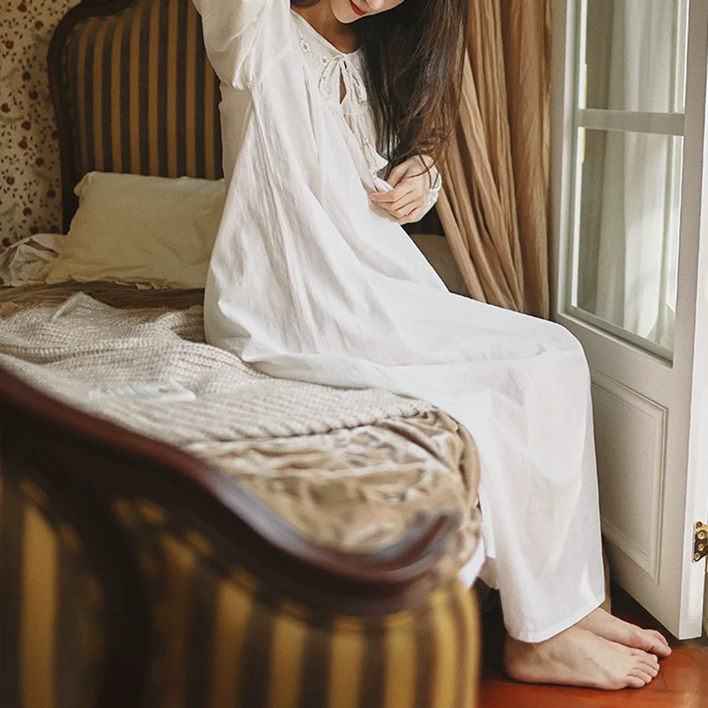 100% Pure Cotton 2025 New Women Long White Nightgown Loose Embroidered Princess Nightdress Long Sleeve Pajama Loungewear Robe