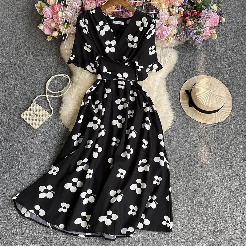 YuooMuoo Chic Fashion Flower Print Women Dress 2024 New Summer Bandage Slim Waist A-line Long Dress Bohemian Female Robe Femme