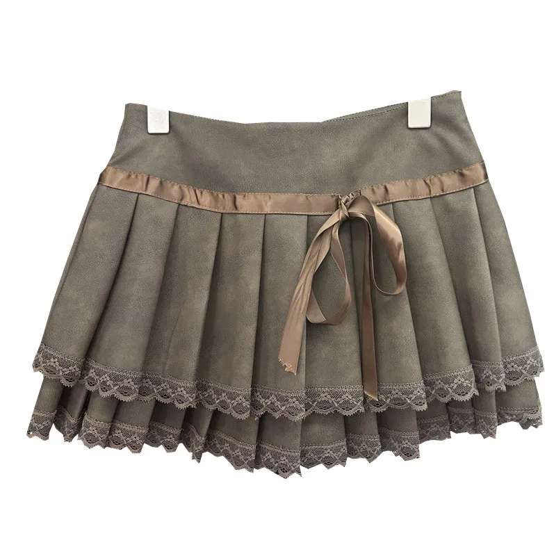 

Lace edge splicing PU leather pleated short skirt women's autumn new American retro girl high waist skirt