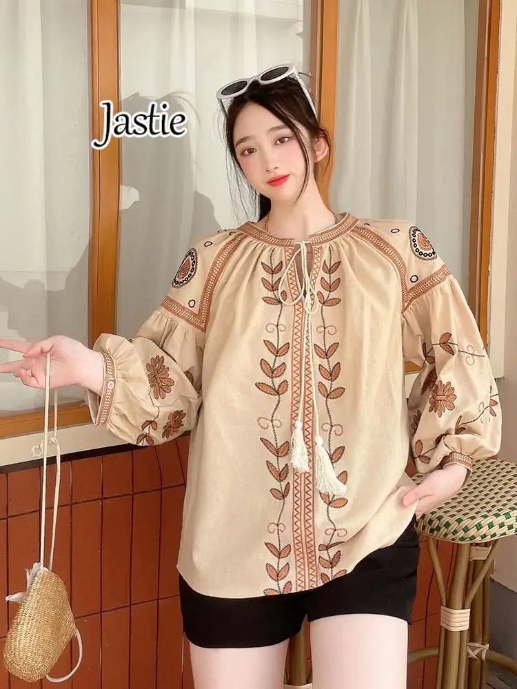 

Jastie 2023 Spring New Women's Shirt Blouse Retro Solid Color Ethnic Style Embroidered Loose Lantern Sleeve Shirt Loose Tops