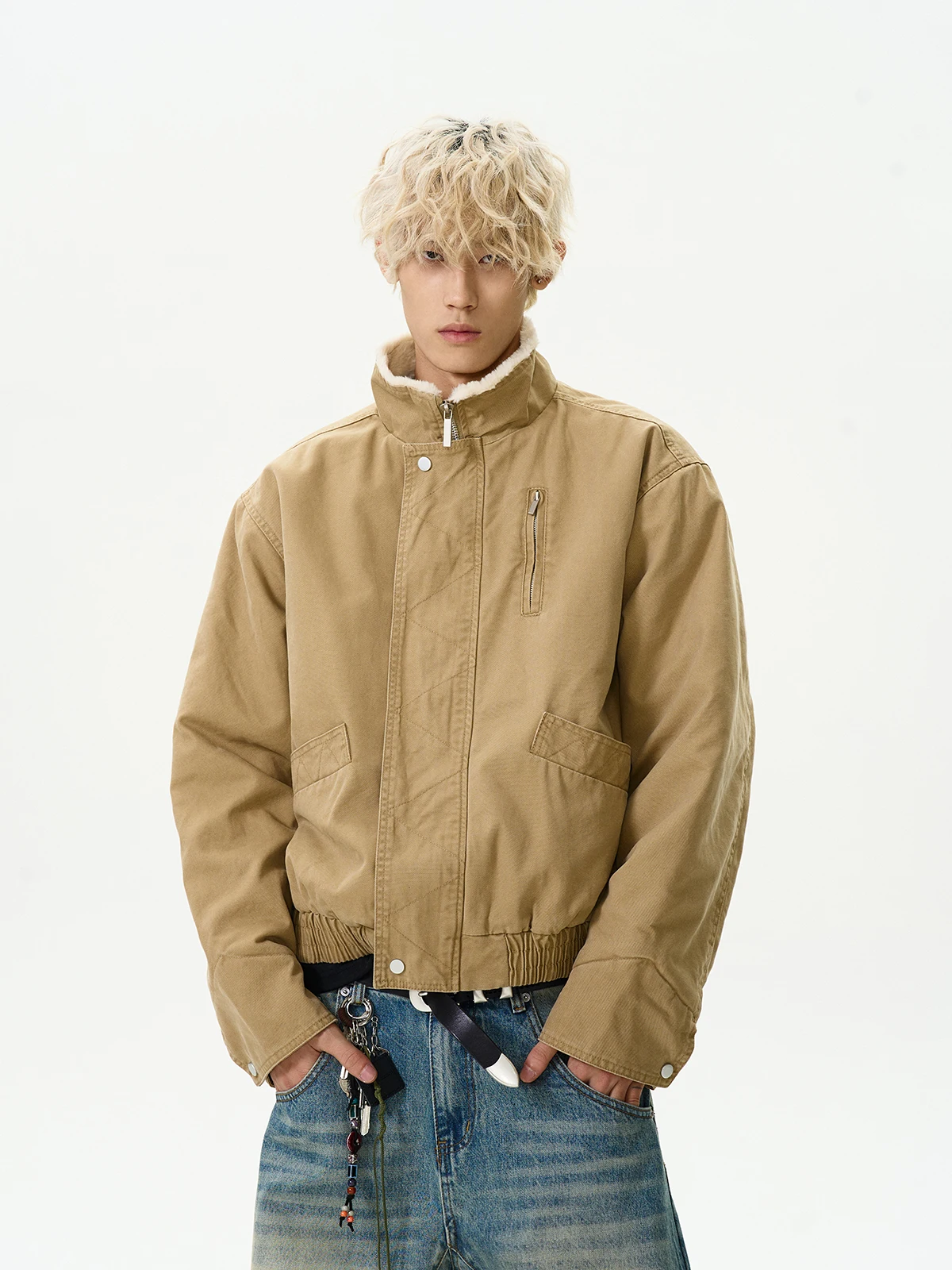 

Мужская зимняя утепленная куртка-бомбер PUEE в американском ретро-стиле, хлопковая, рабочая, свободного кроя, с флисовой подкладкой и воротником-стойкой