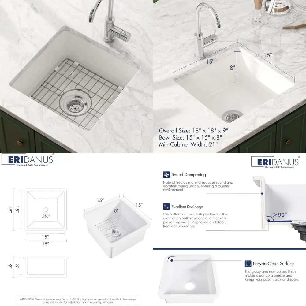 

18 Inch Square Undermount Wet Bar Sink - Dual Mount Prep Sink for Kitchen Countertop with Fireclay Construction