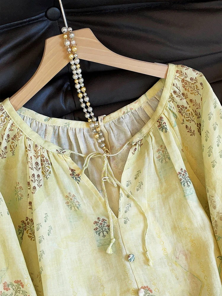 Csa de Manga Larga Deada con Estampado Artístico Retro para Mujer, Estilo Casual Hoado, Cuello en V, Abotonada, Moda O...