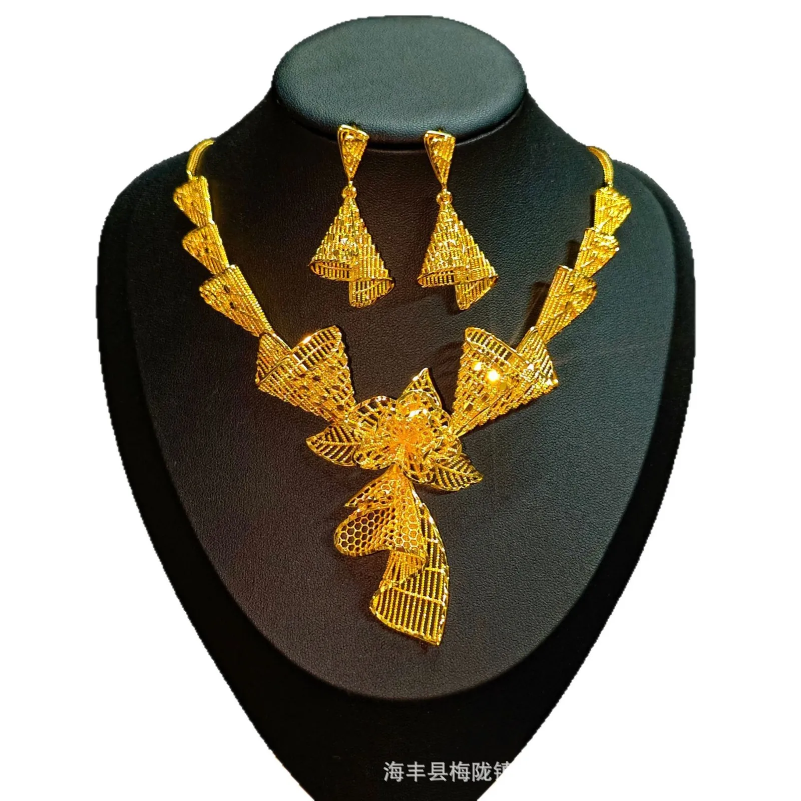 Luxury 24K 9999 Pure Gold real gold Dubai Middle East Flower Hollow Necklace Set Women Stud Earrings - view 5
