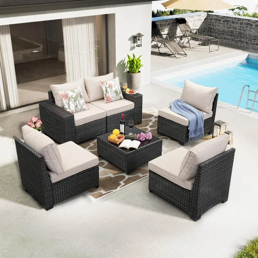 

6 Pieces Patio Furniture Set,Wicker PE Rattan Outdoor Sectional with Cushion & Coffee Table, Patio Conversation Sofa for Garden,