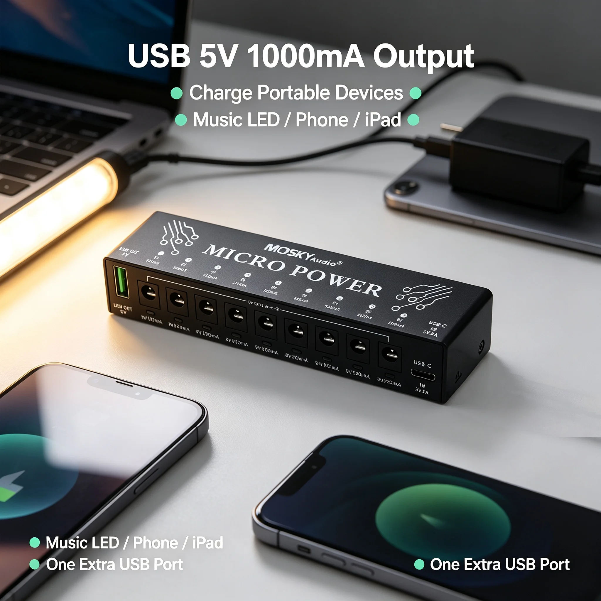 Mosky Micro Power Portable Guitar Power Supply 9 Isolated Dc Outputs 9V 150Ma 300Ma 500Ma USB 5V 1A Type-C