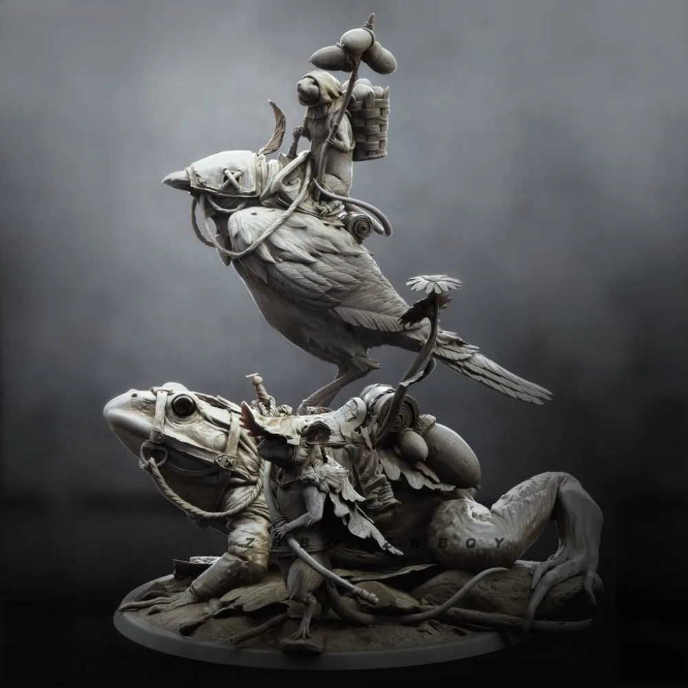 

Big Size Scale Fantasy Creature Sculpture Set Mouse Rider on Frog & Crow Mounts Unpainted Resin Model Kit for Collectors
