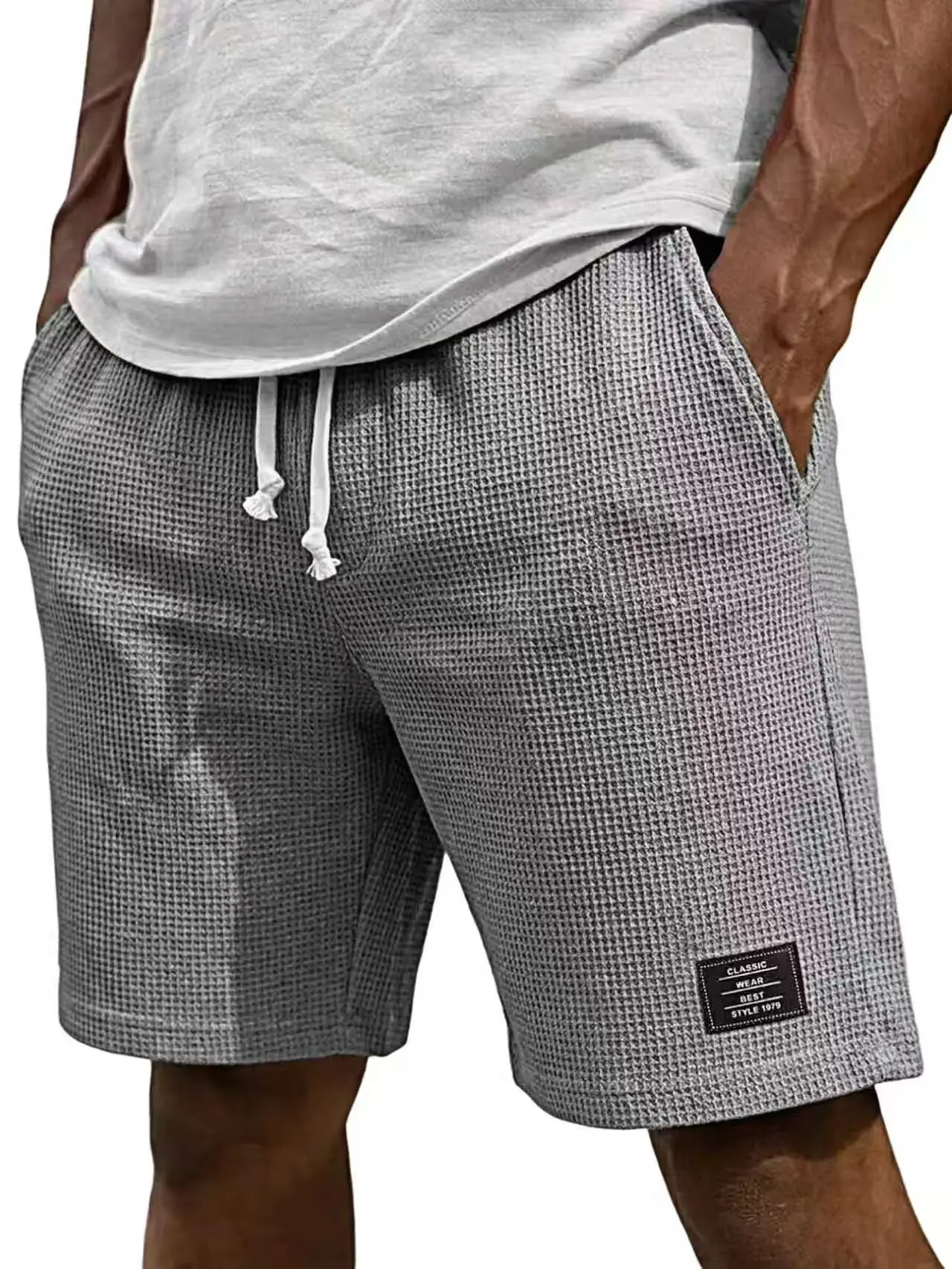 Sommerliche Herren-Shorts im Waffel-Stil, Business-Casual, neue koreanische Mode, mit Kordelzug, Baggy-Shorts, Fitness, atmungsaktiv, Streetwear, Gym, für Männer – Detail 5