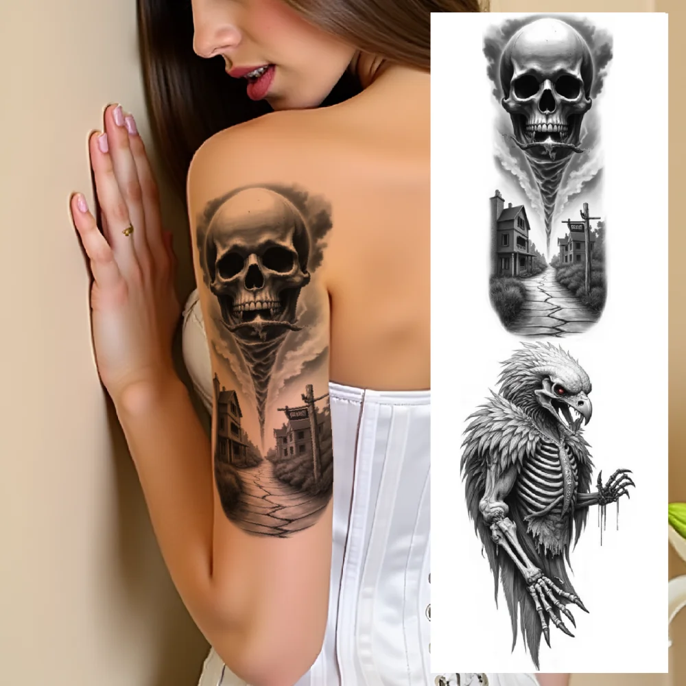 

3pcs Temporary Tattoo Waterproof Long-lasting Body Stickers Tornado Skull Spider And Skull Skull Tattoo For Thighs Arms Men