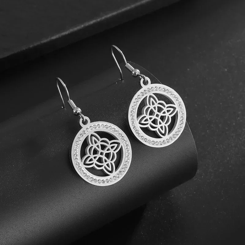 Stainless Steel Ice Crystal Zirconia Irish Celtic Witch's Knot Pendant Earrings Queue Party Luxury Jewelry