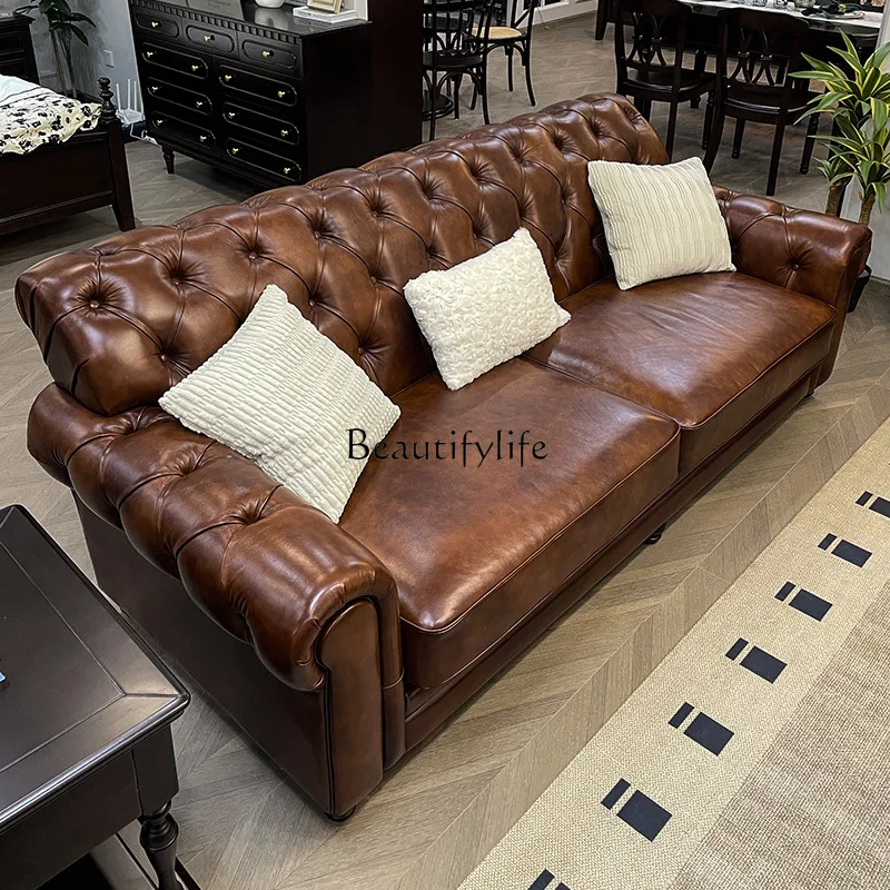 

01American country leather three-person sofa combination small apartment retro
