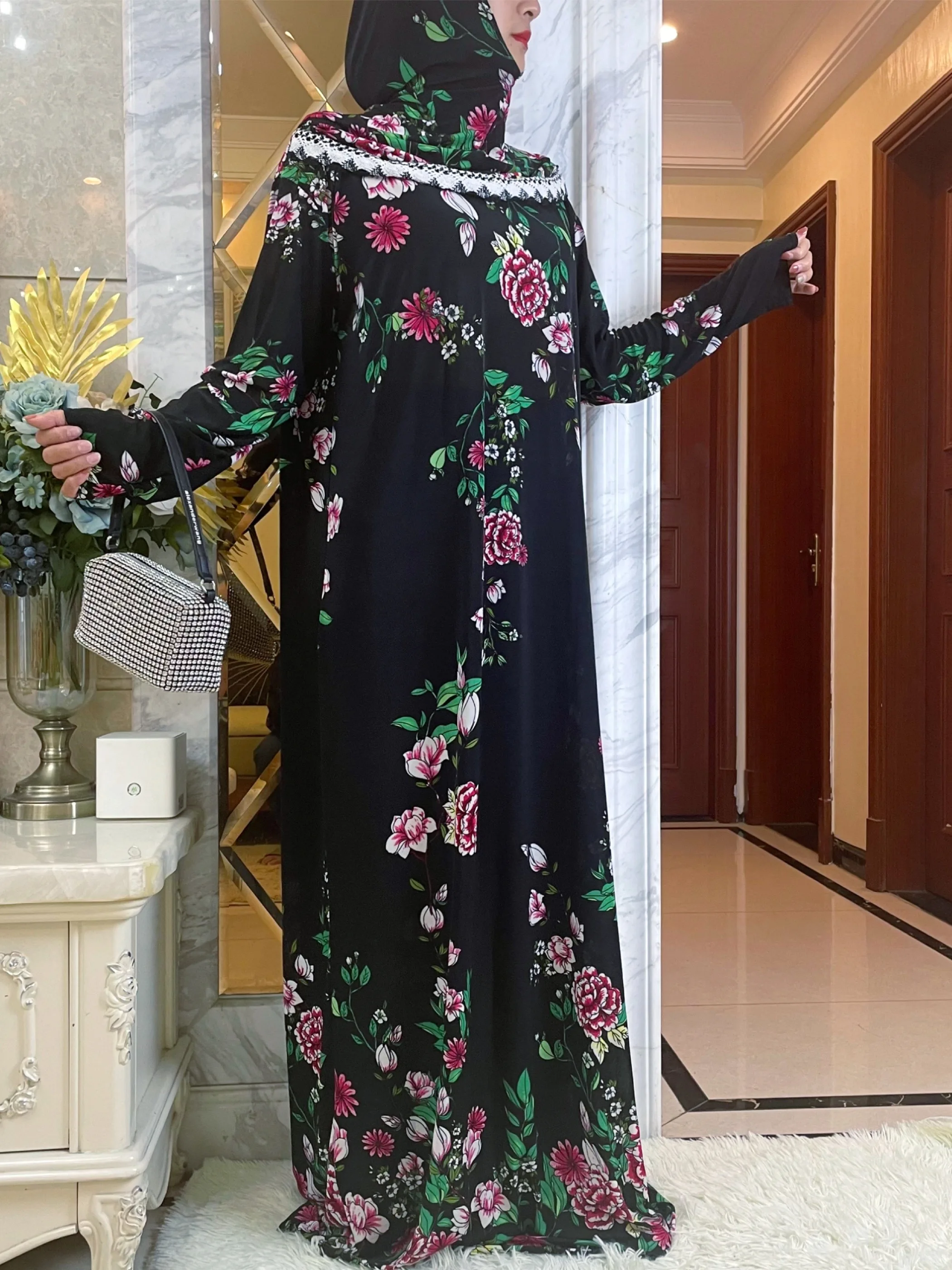 2023Fashion Muslim Kaftan Dress For Lady Dubai Saudi Islam Prayer Garment Lace Jibab Maxi  Hooded Abaya Beautiful Turban Ramadan