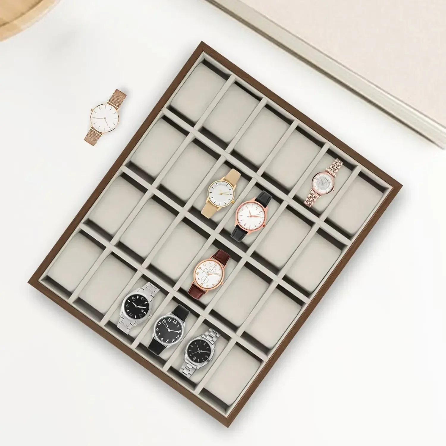 24 Grid Watch Jewelry Tray Organizer Wooden Box Display Tray Watch Bracelet Display Holder Case with Removable Pillow