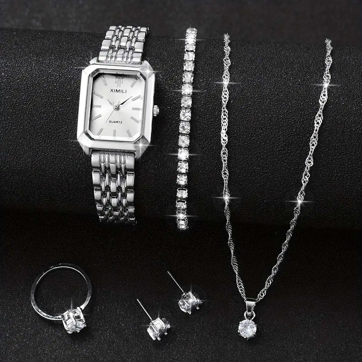 

6pcs-Fashion Ladies Quartz Watch Set, Including Bracelets, Necklace, Earrings, Rings-suitable for Everyday and Various Occasions