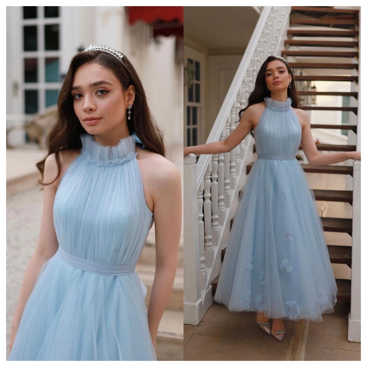 

Customized Elegant Blue Tulle Evening Dress Halter Sleeveless Homecoming Dress Vestido De Festa Flowers Delicate High Quality