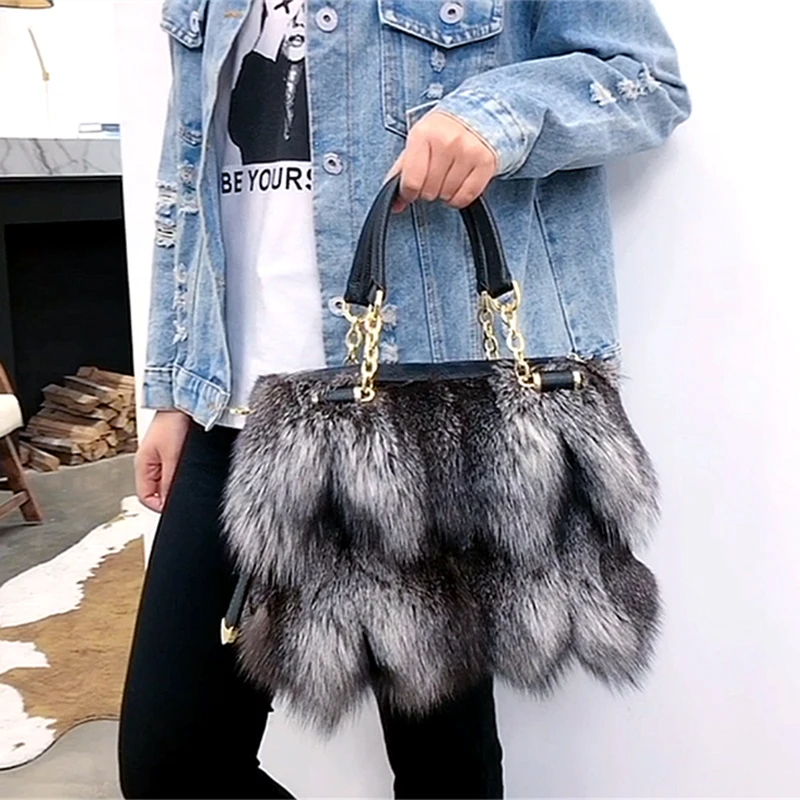 Women Winter Real Fox Fur Handbag Luxury Genuine Fur Party Bag Tote High Quality Designer Evening Bag Fur Leather Female