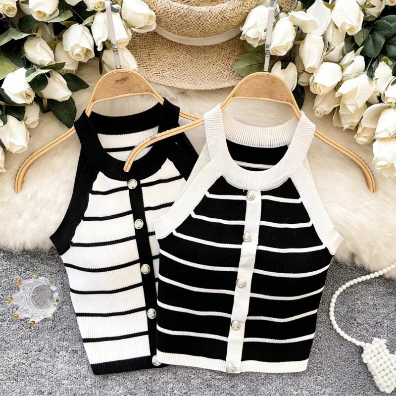 Chaleco de punto acanalado elástico sin mangas con cuello halter y botones, a rayas blancas y negras, para mujer, top corto casual elegante de verano