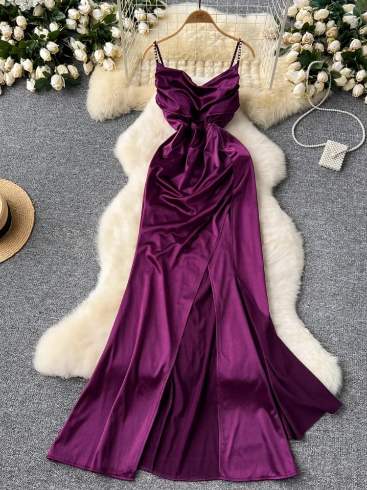 Topenomi Elegant Night Evening Dress Women Sexy Beading Sleeveless Folds Waist Split Satin Wedding Graduation Party Long Dresses