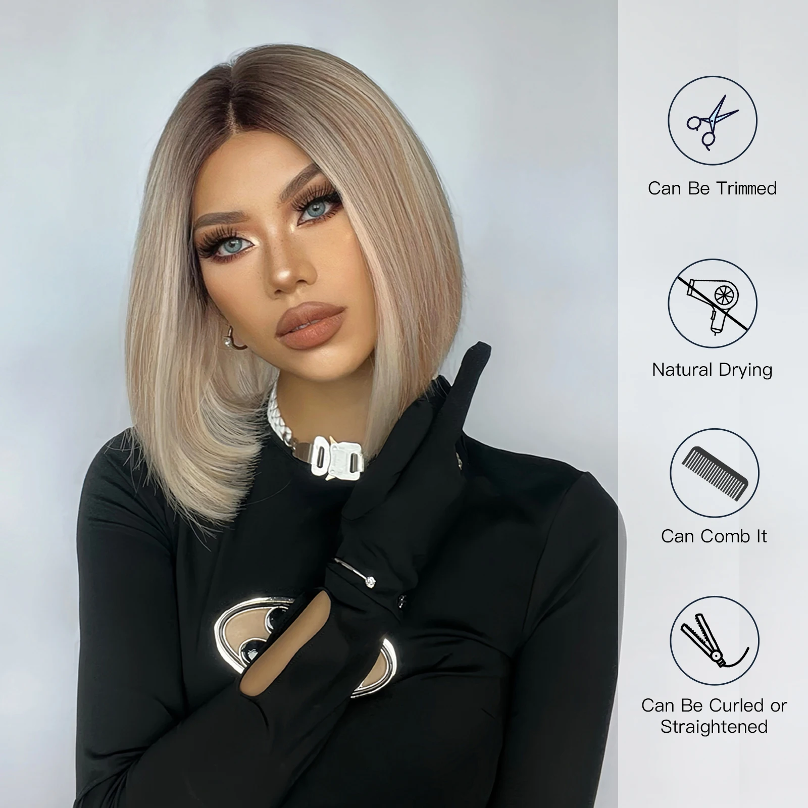 ALAN EATON Blonde 13*1 Lace Frontal Short Synthetic Wigs Ombre Dark Roots Natural Fake Hair for Women Lace Wig High Temperature