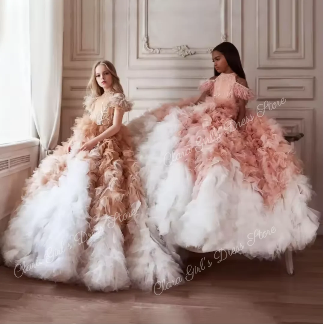 Custom Luxury Off-Shoulder Flower Girl Dress with Feather and Ruffle Details for First Communion Prom Birthday and Wedding Party