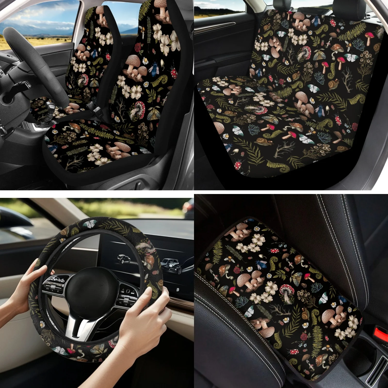 Coloranimal Mushroom 13 PCS Car Seat Cover Set with Car Armrest Protective Cover and Car Cup Holder Coaster for Auto Interior