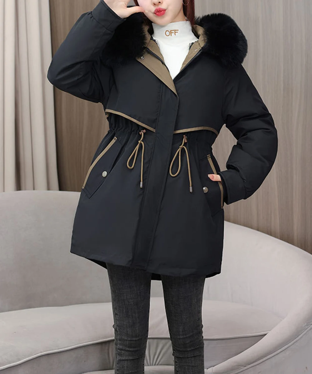 

Winter Jacket 2023 New Women Parka Clothes A-line Elegant Black Coat Fur Collar Hooded Jacket Thick Warm Snow Wear Padded Parka