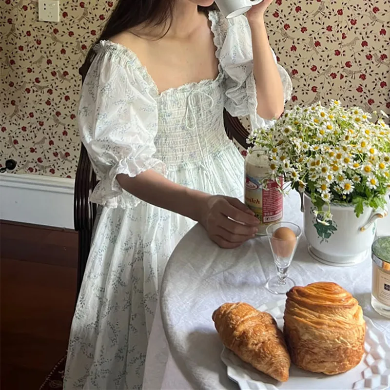 

Summer Sweet Printed Short Sleeves Nightdress French Square Collar Princess Victoria Nightgowns 100% Cotton Thin Fairy Nightie