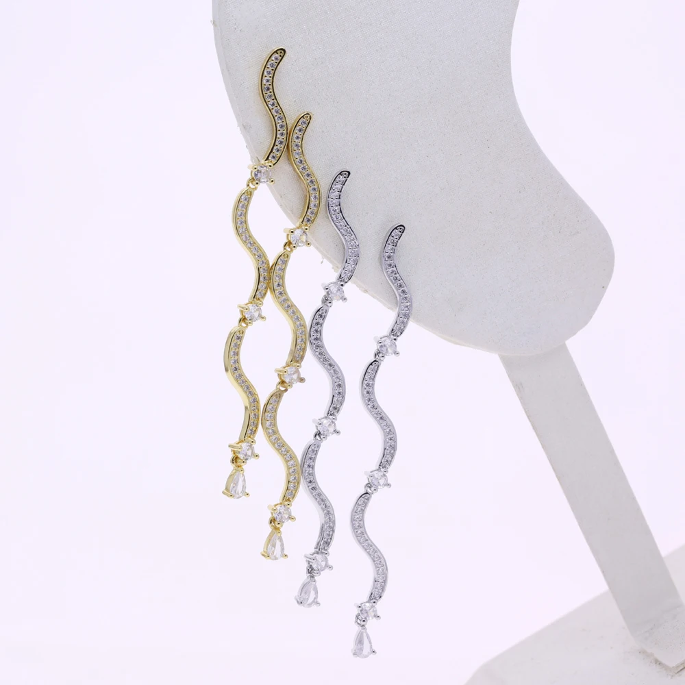 

New Water Wave Long Tassel Dangle Earrings for Women Paved Cubic Zircon 18K Gold Platinum Plated Color Fashion Jewelry for Party