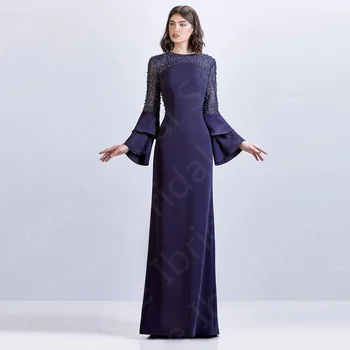 Robe à manches longues pour mère de la mariée, modeste, bleu marine, perles, arabe, invité de mariage, tout musulman, 2024