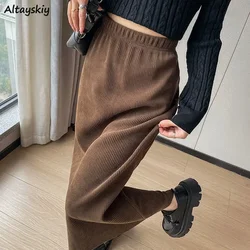 Plus Velvet Straight Skirts Women Autumn Winter Corduroy High Waist Split Solid Simple Soft Office Lady Stylish Warm Casual