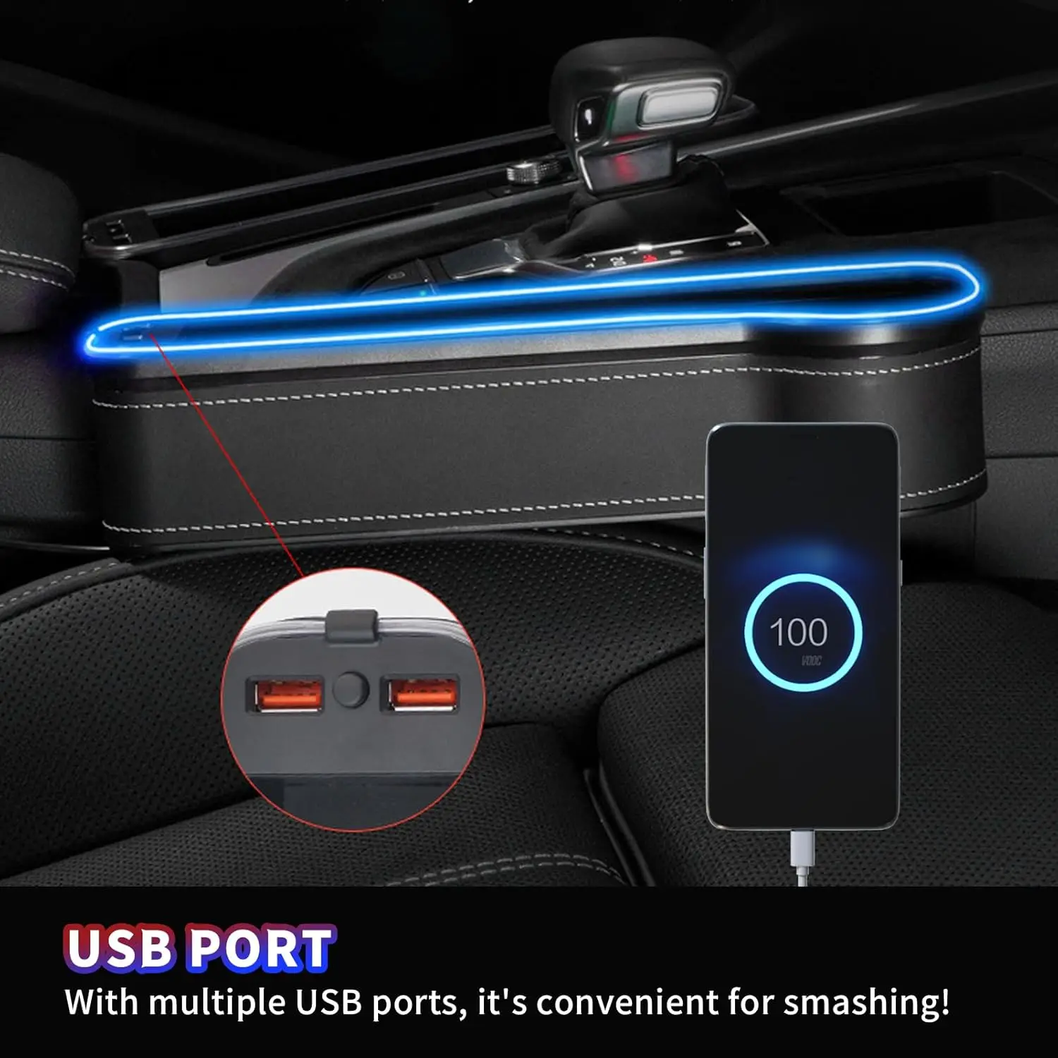 صندوق تخزين جانبي لوحدة التحكم في حشو مقعد السيارة LED المتغير اللون مع حامل أكواب وشواحن USB