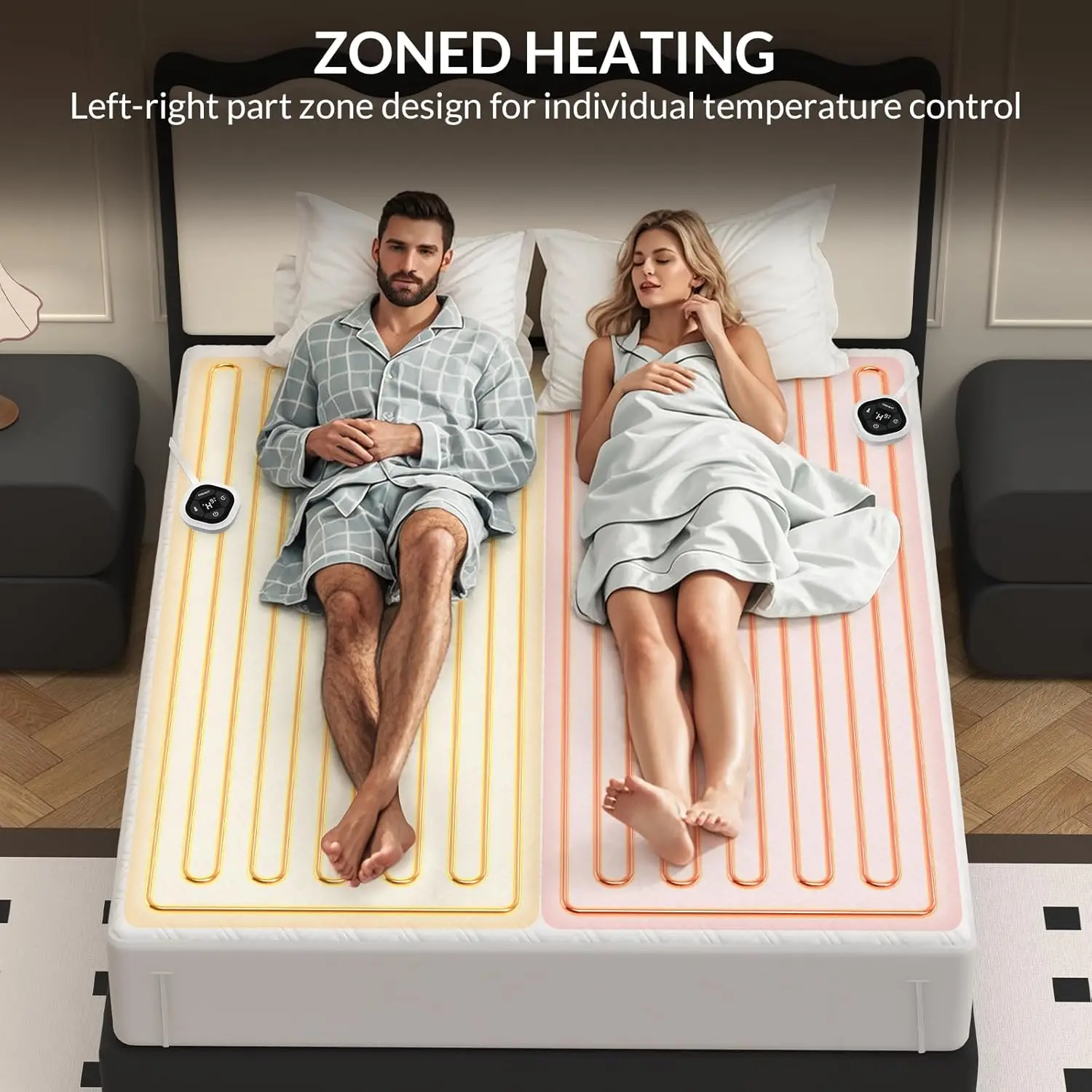 وسادة مرتبة تسخين كهربائية بحجم كوين مع تحكم مزدوج المنطقة، تسخين مسبق، 10 مستويات حرارية، مؤقت
