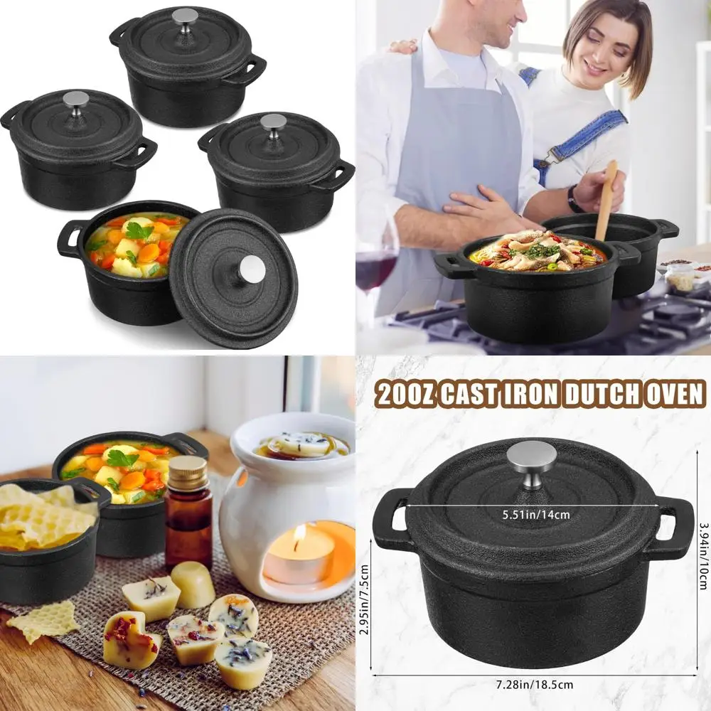 

Set of 4 Small Round Cast Iron Dutch Ovens with Lids and Dual Handles for Stovetop Cooking
