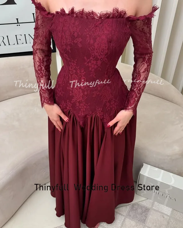 Thinyfull A ライン シフォン/レース プロムドレス オフショルダー 長袖 イブニングドレス アラブ フォーマルドレス ローブ ド ソワレ カスタマイズ