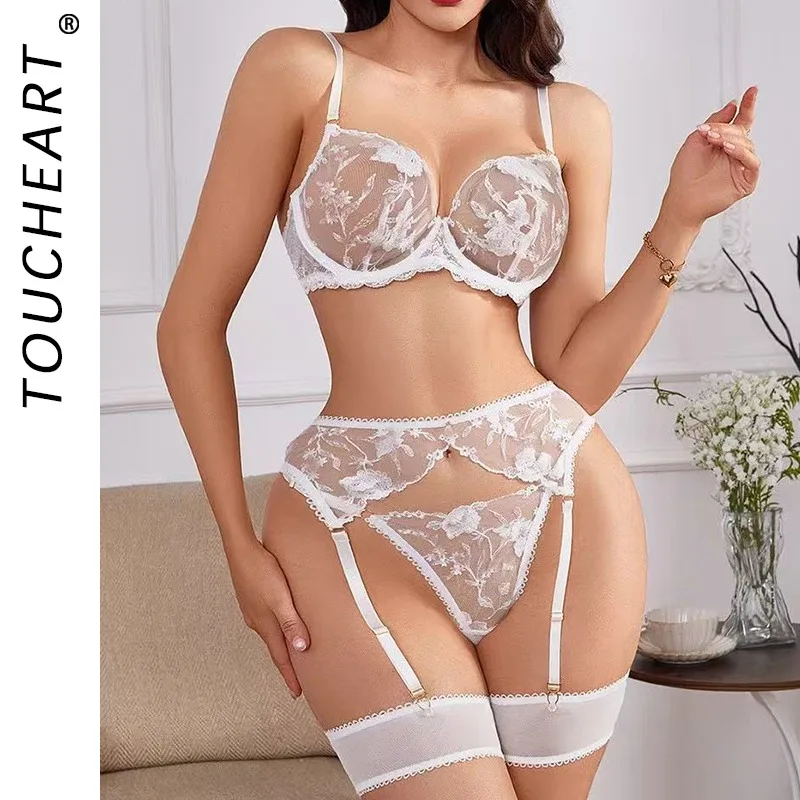 

Toucheart Hot Lingerie Mesh Embroidery Floral Patchwork Gather Together Slim Backless Interesting Romantic Hollow Intimate Set