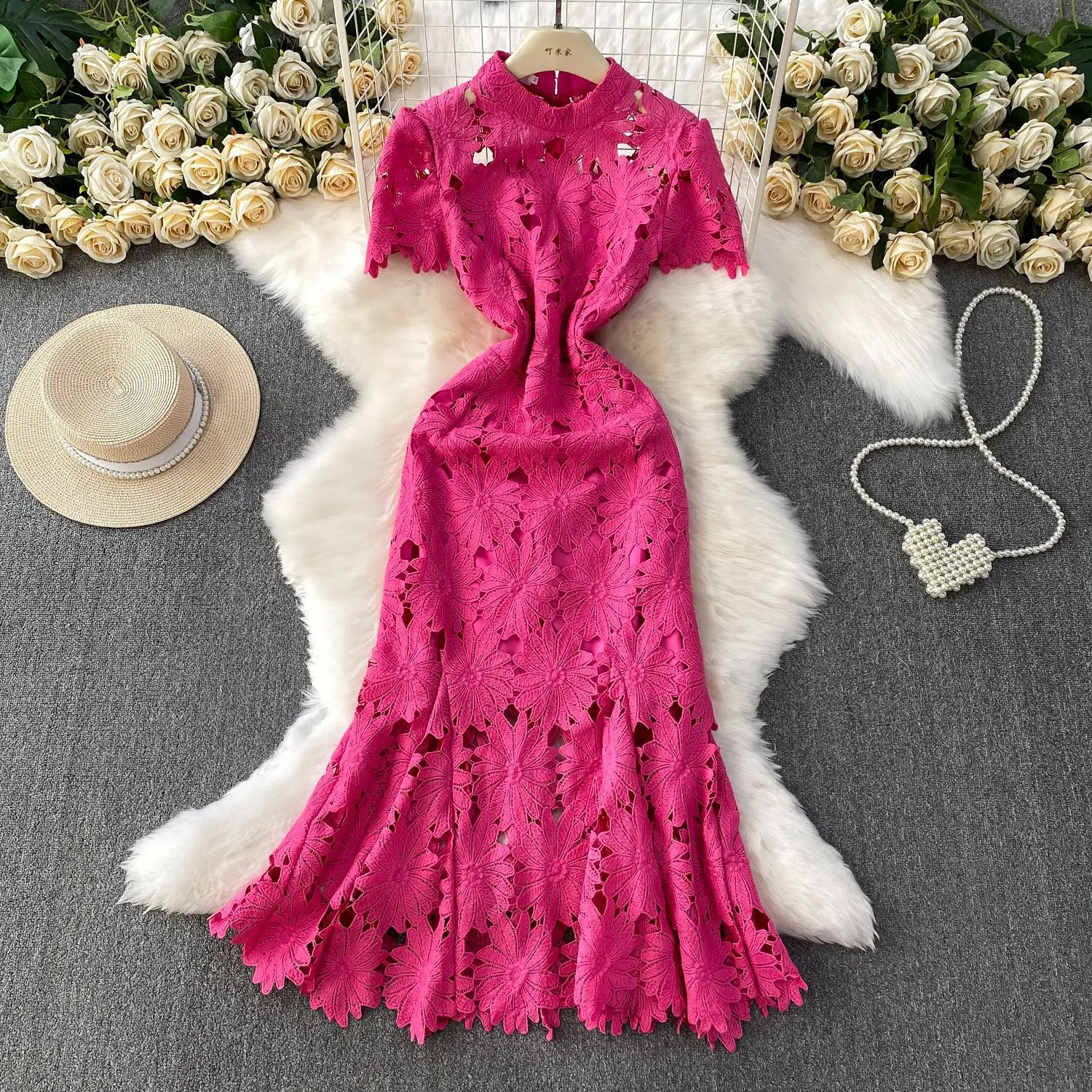 

2025 Women Dress Elegant Heavy Industry Openwork Lace Stand-up Collar Dress Women's Elegant Fishtail Evening Gown Long Dress