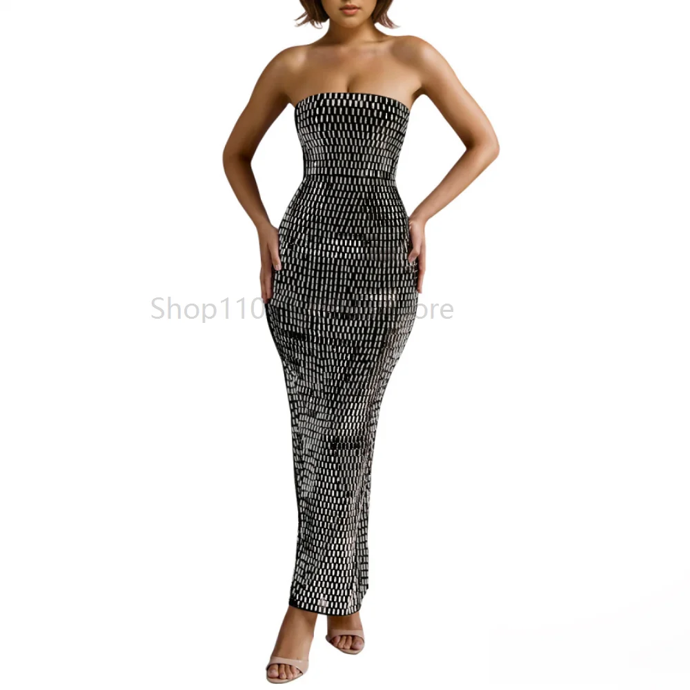 

Solid Off Shoulder Sleeveless Luxury Rhinestones Bodycon Back Split Dresses Womens Clothing Slim Birthday Evening Vestidos