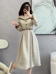 Autumn Women's Elegant Peter Pan Collar Women Plaid A Line Dress Ladies Long Sleeve Vintage Casual Dress Vestidos