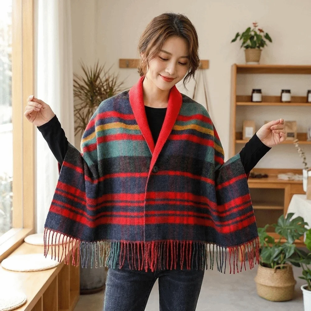 Multi-Functional Double‑Sided Plaid Poncho Shawl Faux Wool Thick Knit Blanket Shawl Tassel Trim Button Closure